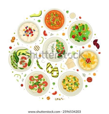 Vegan Dish and Main Course Round Composition Design with Vegetables Vector Template