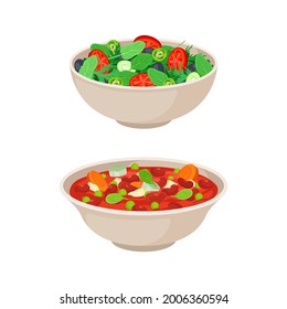 Vegan Dish y curso principal con frijol estofado y conjunto de vectores de ensalada