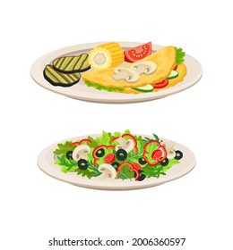 Vegan Dish and Main Course with Vegetable Salad Vector Set