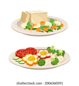 Veganisches Gericht und Hauptgericht mit Gemüse und Tofu Käse Vektor Set