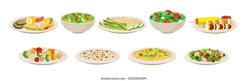 Vegan Dish and Main Course with Vegetables Served on Plate Vector Set svg