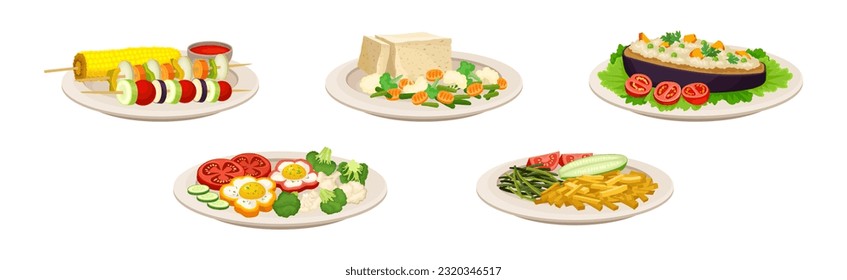 Vegan Dish and Main Course with Vegetables Served on Plate Vector Set