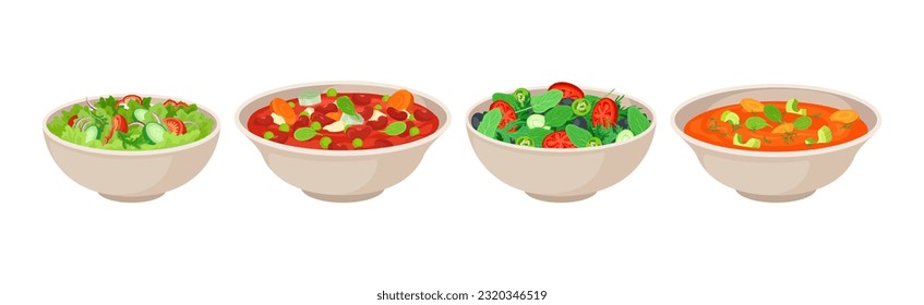 Vegan Dish and Main Course with Vegetables Served in Bowl Vector Set