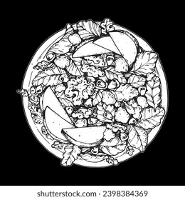 Vegan dish sketch. Hand drawn vector illustration. Healthy food. Salad with greens, sliced apple, pomegranate seeds and walnuts.