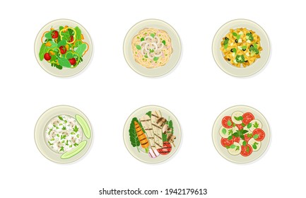 Vegan Dishes and Main Courses with Grilled Vegetables, Fresh Salad and Pasta with Mushrooms Vector Set