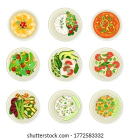 Vegan Dishes and Main Courses with Oatmeal Porridge and Vegetable Salad Vector Set