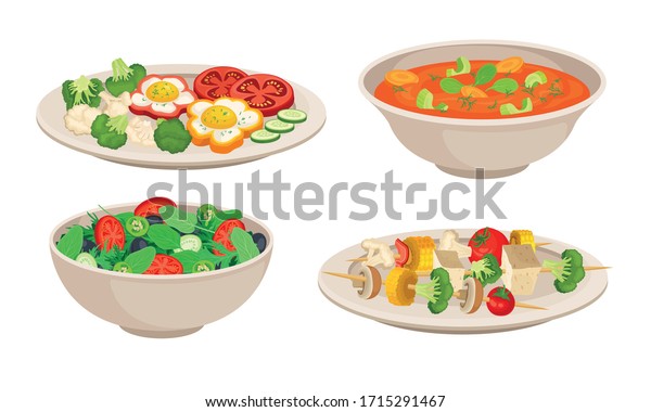 Vegan Dishes and Main Courses with\
Vegetable Salad and Thick Soup with Tomato Vector\
Set