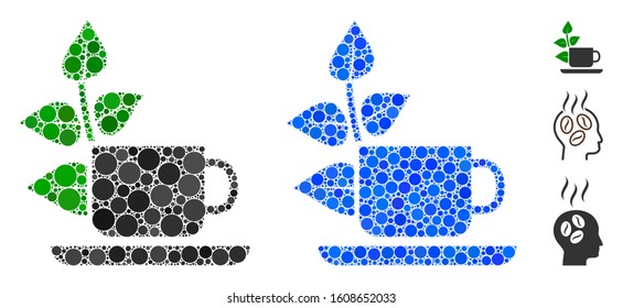 Vegan drink mosaic of filled circles in various sizes and color hues, based on vegan drink icon. Vector random circles are composed into blue mosaic.