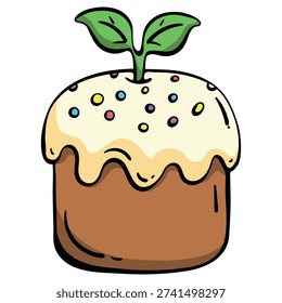 Vegan Easter kulich muffin decorated with glazed frosting and a fresh plant leaf. Professional icon for food without animal products, plant based bakery branding, organic vegetarian menus and cruelty free holiday lifestyle content.