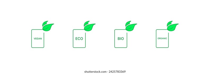 Vegan, Eco, Bio, Organic rectangular signs. Flat, green, leaf icons, vegan, eco, bio, organic green signs. Vector icons