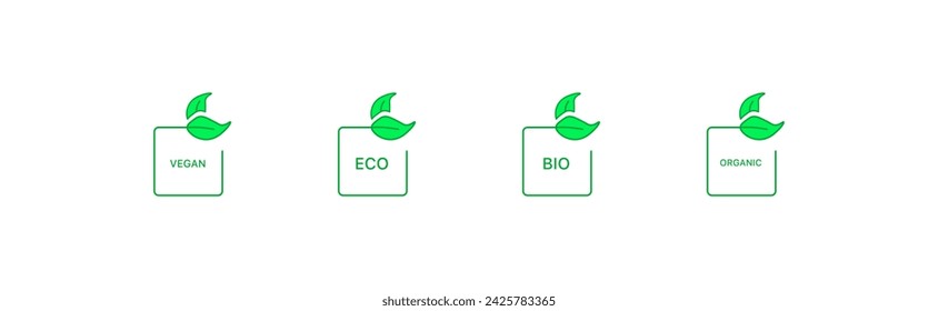 Vegan, Eco, Bio, Organic square signs. Flat, green, leaf icons, vegan, eco, bio, organic green signs. Vector icons