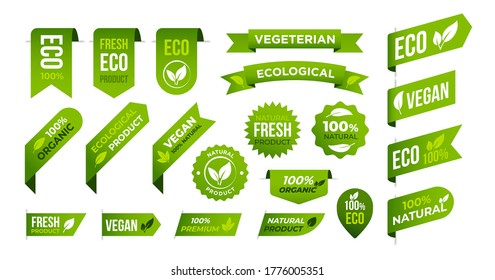 Vegan eco organic banners and labels set. Fresh vegan products, eco organic food and recommended healthy product sticker badges. Vegetarian lifestyle emblem, health diet tag. Vector icons. EPS 10