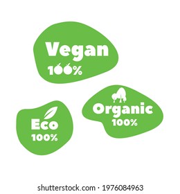 Vegan, Eco and organic set in vector EPS. 100% quality and plant based. Plant based market and product icons set. Green background and leaf as a simbol of eco product.