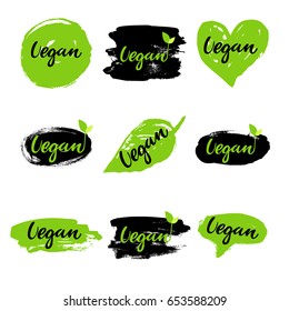 Vegan eco set: hand drawn logos, labels with spots. Vector illustration eps 10 for food, drink, restaurants, menu, markets, organic products, package. Brush lettering, calligraphy.