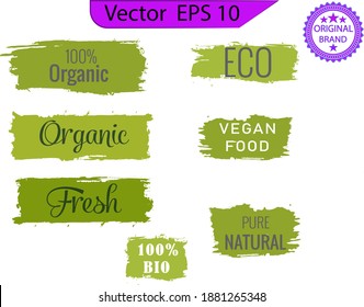 Vegan, ecology, organic logos and badges, label, healthy food icons, labels. Organic tags. Natural product elements. Bio green logo or sign.