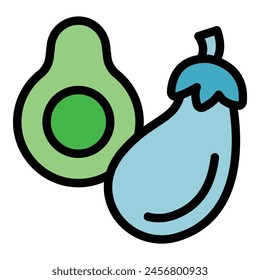 Vegan eggplant and avocado icon outline vector. Food diet. Healthy fruit color flat