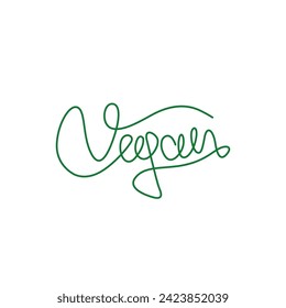 Vegan, emblem or logo design, continuous line drawing, hand lettering small tattoo, print for clothes, t-shirt, one single line on a white background, isolated vector illustration.