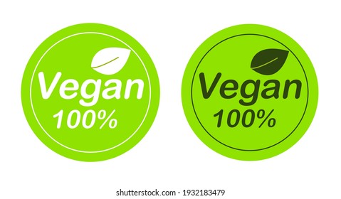 Vegan emblem. Set of two vector stamps. Vegan 100% icons for menu, veggie market, healthy vegetarian food products.