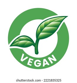 Vegan Engraved Round Icon with 2 Green Leaves isolated on a White Background