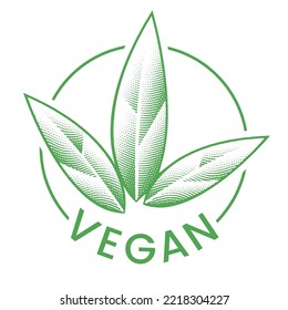 Vegan-Gravierungssymbol mit 3 grünen Blättern einzeln auf weißem Hintergrund