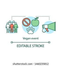 Vegan event concept icon. Vegetarian lifestyle idea thin line illustration. Social activity, protest, animal protection. Activist group and megaphone vector isolated outline drawing. Editable stroke