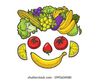 Vegan face made of vegetables and fruits sketch engraving vector illustration. T-shirt apparel print design. Scratch board imitation. Black and white hand drawn image.