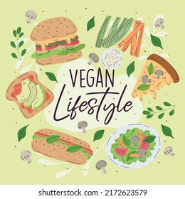 Vegan fast food products Meatless food Vegan lifestyle Vector