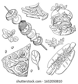 Vegan Fast Food Set. Burger, hot dog, pizza, grilled vegetables, french fries. Line Art. Stock illustration. Design for textiles, packaging, fabrics, menus, restaurants, cafes.