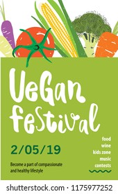 Vegan Festival Vector Poster Design With Vegetable Illustration And Lettering Text. Vegetarian Set Of Organic Products. Great For Menu, Banner, Flyer.