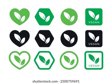 Vegan Flat Vector Labels Set with Leaves on Heart, Hexagon, Circle and Square Shapes on White Background. Organic, Bio and Ecological Icon Label. Nature Care Logo Element.	