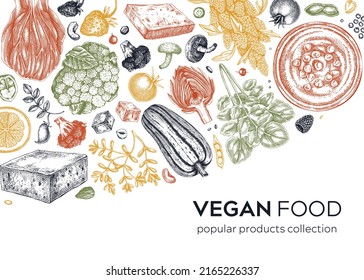 Vegan food background in color. Healthy food sketched banner. Middle eastern cuisine frame. Hand-drawn vegan meals and ingredients for menu, recipe, and packaging design. Vegetarian food illustration