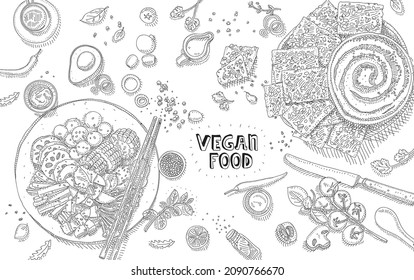 Comida vegana. Ilustración de fondo de comida vegana. Vista superior. Encima del marco de ilustración de vector esquemático. 