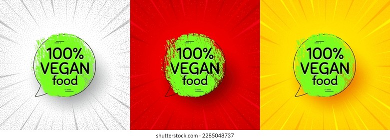 Vegan food banner. Flash offer banner, coupon or poster. Nature bio product tag. Vegetarian organic eco icon. Vegan food promo banner. Retail marketing flyer. Starburst pop art. Vector
