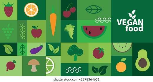 Vegan food banner in flat minimalist style. Vector illustration.