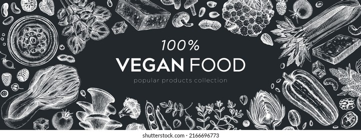 Vegan food banner on chalkboard. Healthy food background. Middle eastern cuisine frame. Hand-drawn vegan meals and ingredients for menu, recipe, and packaging design. Vegan food sketched illustration