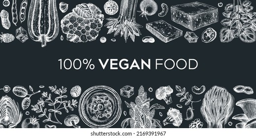 Vegan food banner on chalkboard. Middle eastern cuisine frame. Healthy food background. Hand-drawn vegan meals and ingredients for menu, recipe, and packaging design. Vegan food sketched graphics 