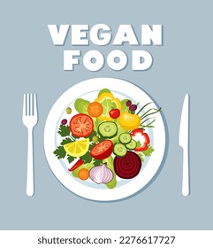 Vegan food banner template on light blue background,  fresh vegetables on a plate.