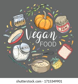 Vegan food. Card / background with food and kitchen utensils