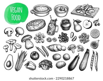 Vegan food collection. Ink sketches isolated on white background. Hand drawn vector illustration. Vintage style.