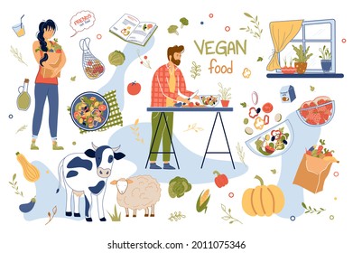 Vegan food concept isolated elements set. Collection of man cooks in kitchen, woman buys vegetables and fruits, cow and sheep, recipe book, greens and other. Vector illustration in flat cartoon design