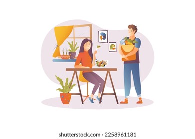 Vegan food concept with people scene in the flat cartoon design. Young couple has given up animal food and supports a vegan lifestyle. Vector illustration.