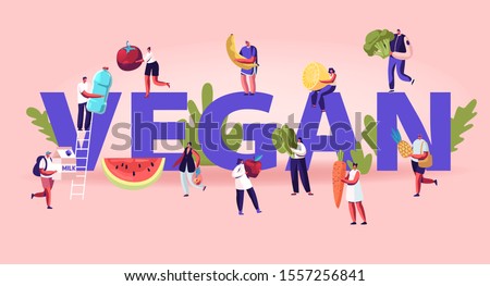 Vegan Food Concept. Tiny Men and Women Characters with Ripe Fruits and Vegetables, Vegetarian Diet, Healthy Fortified Nutrition Superfood Poster Banner Flyer Brochure. Cartoon Flat Vector Illustration