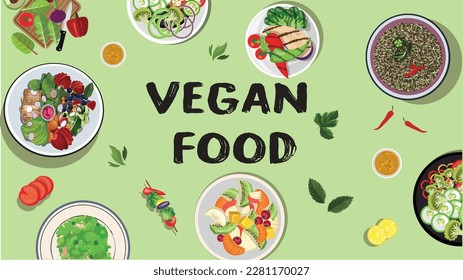 Vegan Food concept vector illustration. Culinary concept illustration. Healthy fresh vegetables. Cooking food ingredients. Vegetarian dishes. Food experience. World Cuisine. World Vegan Day. 