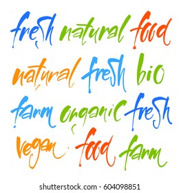 Vegan food design. Handwritten lettering for restaurant, cafe menu. Calligraphic and typographic collection. Set of bio,natural,organic, local, healthy, farm fresh, eco, vegetarian labels.