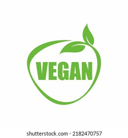 Vegan food diet icon. Organic, bio, eco symbol. Vegan, no meat, lactose free, healthy, fresh and nonviolent food. Round green vector illustration with leaves for stickers, labels and logos