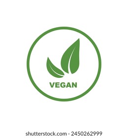 Vegan food diet icon. Organic, bio, eco symbol. Vegan, no meat, lactose free, healthy, fresh and nonviolent food. Round green vector illustration with leaves for stickers, labels and logos