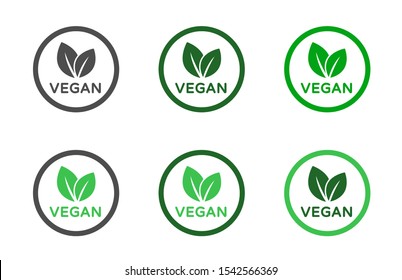 Vegan food diet icon set. Organic, bio, eco symbols. Vegan, no meat, lactose free, healthy, fresh and nonviolent food. Round green vector illustrations with leaves for stickers, labels and logos