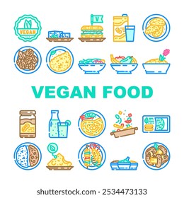 vegan food diet organic icons set vector. vegan plant based, cruelty free, organic, sustainable, tofu tempeh, seitan, legumes vegan food diet organic color line illustrations