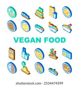 vegan food diet organic icons set vector. vegan plant based, cruelty free, organic, sustainable, tofu tempeh, seitan, legumes vegan food diet organic isometric sign illustrations