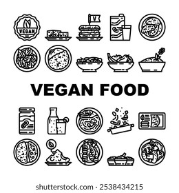 vegan food diet organic icons set vector. vegan plant based, cruelty free, organic, sustainable, tofu tempeh, seitan, legumes vegan food diet organic black contour illustrations